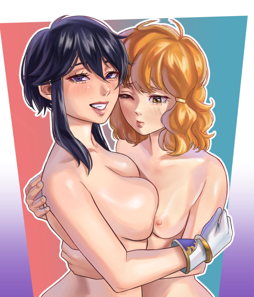 2girls ^_^ absurdres black_hair blush breast_envy breast_press breasts buglewdy closed_eyes commission commissioner_upload fire_emblem fire_emblem:_genealogy_of_the_holy_war gloves heads_together highres hug lana_(fire_emblem) larcei_(fire_emblem) large_breasts looking_at_another looking_at_breasts looking_at_viewer multiple_girls nipples one_eye_closed open_mouth orange_hair pout short_hair sidelocks simple_background small_breasts smile teeth