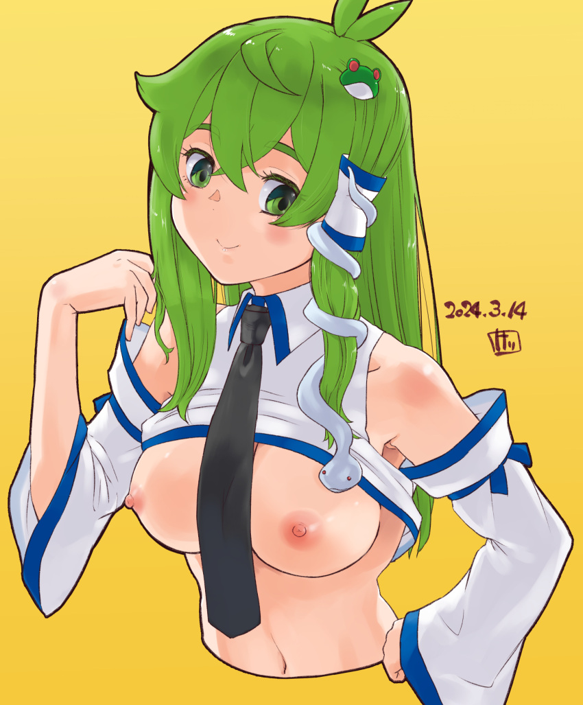 1girl antenna_hair black_necktie blush breasts closed_mouth clothes_lift collared_shirt commentary_request cropped_torso crossed_bangs dated detached_sleeves frog_hair_ornament green_eyes green_hair hair_between_eyes hair_ornament hand_on_own_hip highres kei_jiei kochiya_sanae large_breasts long_hair looking_at_viewer looking_to_the_side medium_bangs navel necktie nipples no_bra shirt shirt_lift simple_background single_hair_tube sleeveless sleeveless_shirt smile snake_hair_ornament solo touhou upper_body white_shirt white_sleeves yellow_background