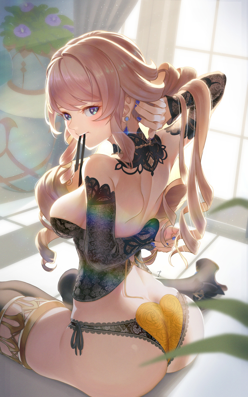1girl absurdres ass bare_shoulders black_panties black_thighhighs blonde_hair blue_eyes blue_nails bodice breasts commentary_request detached_collar detached_sleeves drill_hair drill_sidelocks drop_earrings earrings english_commentary from_behind genshin_impact highres indoors jewelry lace-trimmed_collar lace-trimmed_legwear lace-trimmed_panties lace-trimmed_sleeves lace_trim large_breasts long_hair looking_at_viewer looking_back mixed-language_commentary mouth_hold navia_(genshin_impact) panties punco_(kdfg2577) ribbon ribbon_in_mouth shoulder_blades side-tie_panties sideboob sidelocks sitting smile solo thighhighs thighlet underwear yokozuwari