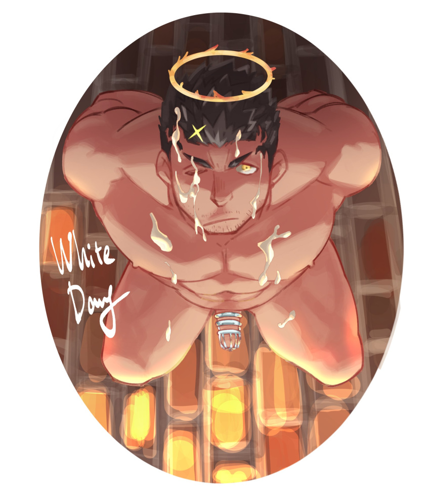 1boy :/ abs bara black_hair border chastity_cage cum cum_on_body cum_on_male cum_on_pectorals facial flaming_halo from_above halo highres implied_yaoi kneeling large_pectorals looking_at_viewer male_focus mature_male muscular muscular_male nipples one_eye_closed pectorals ragi_san_(ononokomachiimo) short_hair solo thick_eyebrows thighs tokyo_afterschool_summoners white_border white_day zabaniyya_(housamo)