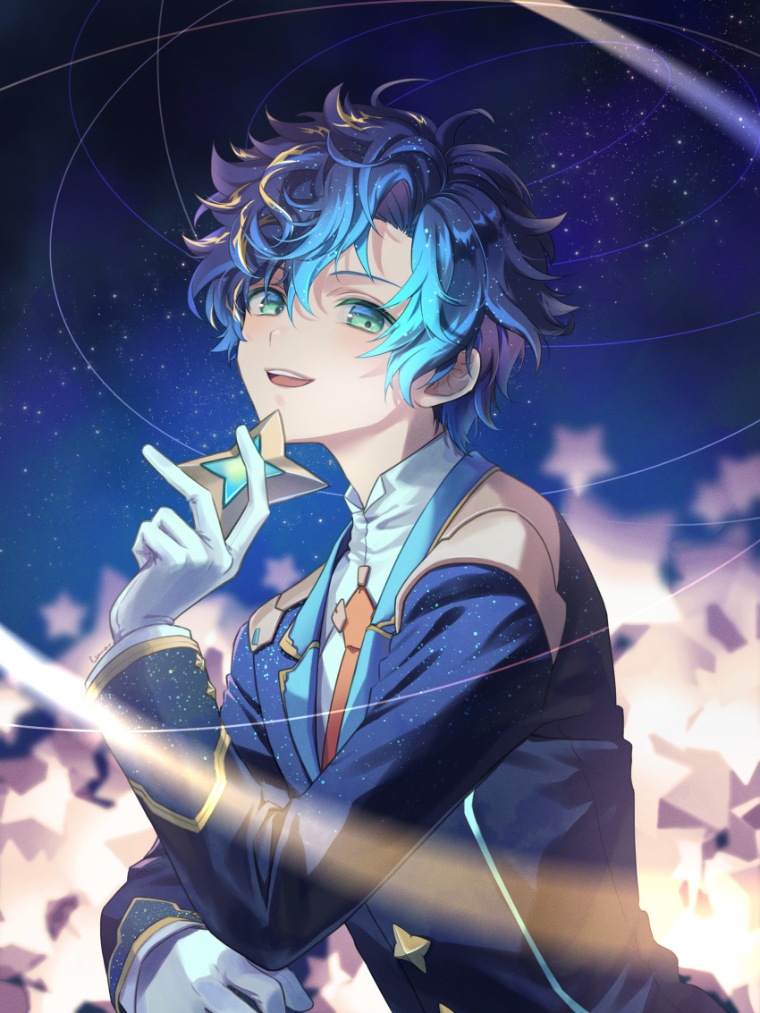 1boy absurdres astel_leda blonde_hair blue_hair blue_jacket gloves green_eyes hair_between_eyes highres holding holding_star holostars jacket light_blush looking_at_viewer luma8b male_focus messy_hair multicolored_hair necktie night night_sky open_mouth red_necktie short_hair sky smile solo star_(sky) star_(symbol) starry_sky streaked_hair two-tone_hair upper_body virtual_youtuber white_gloves