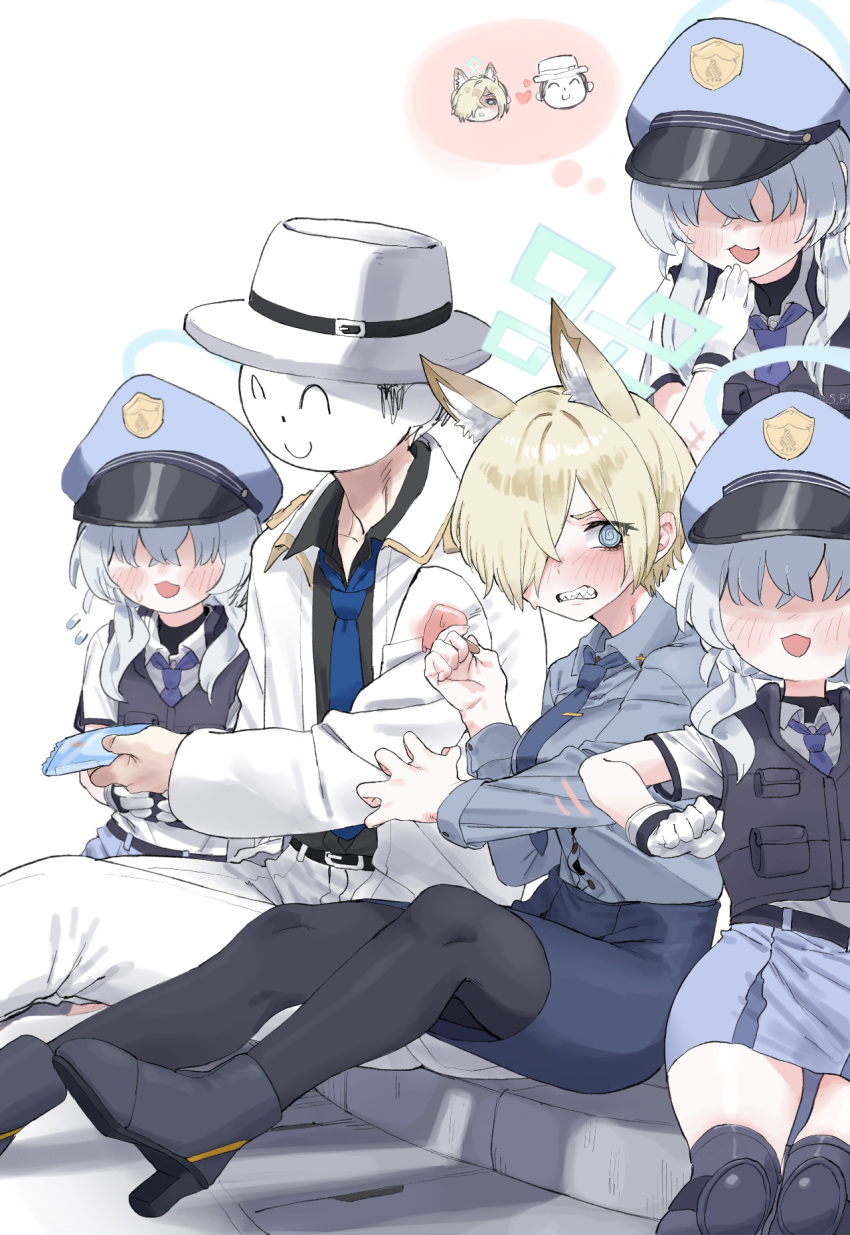 1boy 4girls @_@ animal_ears black_pantyhose blonde_hair blue_archive blue_hair blue_necktie blue_shirt blue_skirt blush bulletproof_vest clenched_teeth coat commentary covered_eyes doodle_sensei_(blue_archive) flying_sweatdrops gloves hair_over_eyes halo highres imagining kanna_(blue_archive) kanna_(young)_(blue_archive) lonklink multiple_girls necktie pants pantyhose pencil_skirt sensei_(blue_archive) shirt short_hair sitting skirt teeth twintails valkyrie_police_academy_student_(blue_archive) valkyrie_police_academy_student_(sg)_(blue_archive) white_coat white_gloves white_headwear white_pants