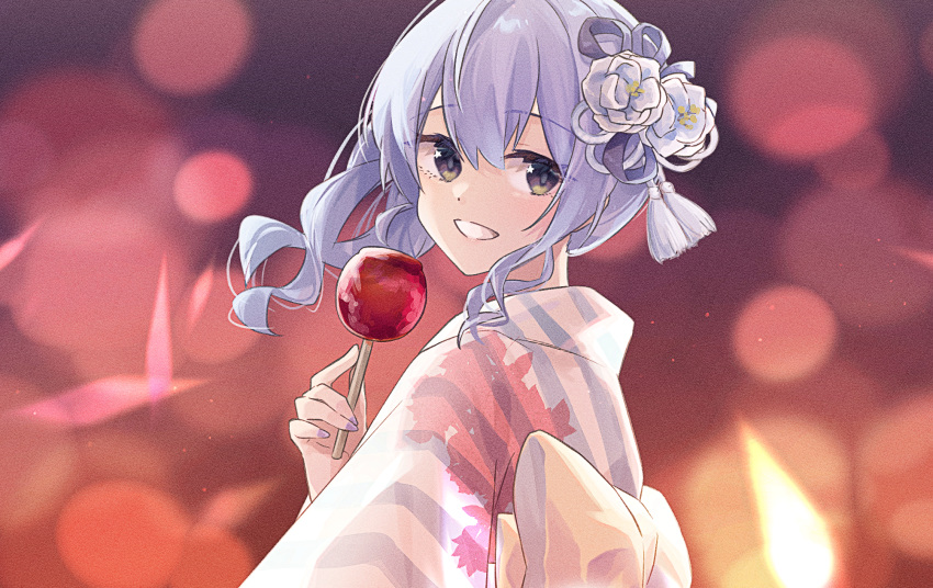 1girl blue_hair blurry bokeh candy_apple commentary depth_of_field food grey_eyes grin hair_ornament highres holding holding_food hololive hoshimachi_suisei japanese_clothes kanzashi kimono kotake_8 looking_back nail_polish obi sash smile solo virtual_youtuber