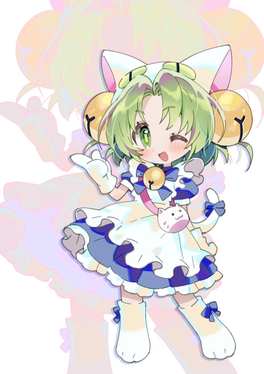 1girl :d absurdres animal_bag animal_hands animal_hat apron arm_at_side bag bell blue_bow blue_dress blush bow bowtie cat_bag cat_hat cat_tail deformed dejiko di_gi_charat dot_nose dress footwear_bow frilled_apron frills full_body gloves green_eyes green_hair hair_bell hair_ornament hat highres maid maid_apron medium_hair neck_bell one_eye_closed open_mouth parted_bangs paw_gloves paw_shoes pointing puffy_short_sleeves puffy_sleeves seoji short_sleeves shoulder_bag smile solo tail tail_bow tail_ornament white_apron white_background white_footwear white_gloves white_headwear white_tail zoom_layer