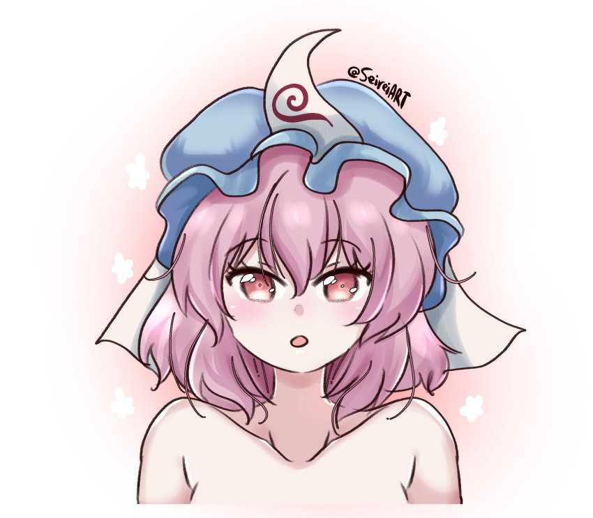 1girl :o blue_headwear collarbone commentary hat highres looking_at_viewer mob_cap nude open_mouth pink_eyes pink_hair saigyouji_yuyuko seireiart short_hair solo touhou triangular_headpiece twitter_username upper_body white_background