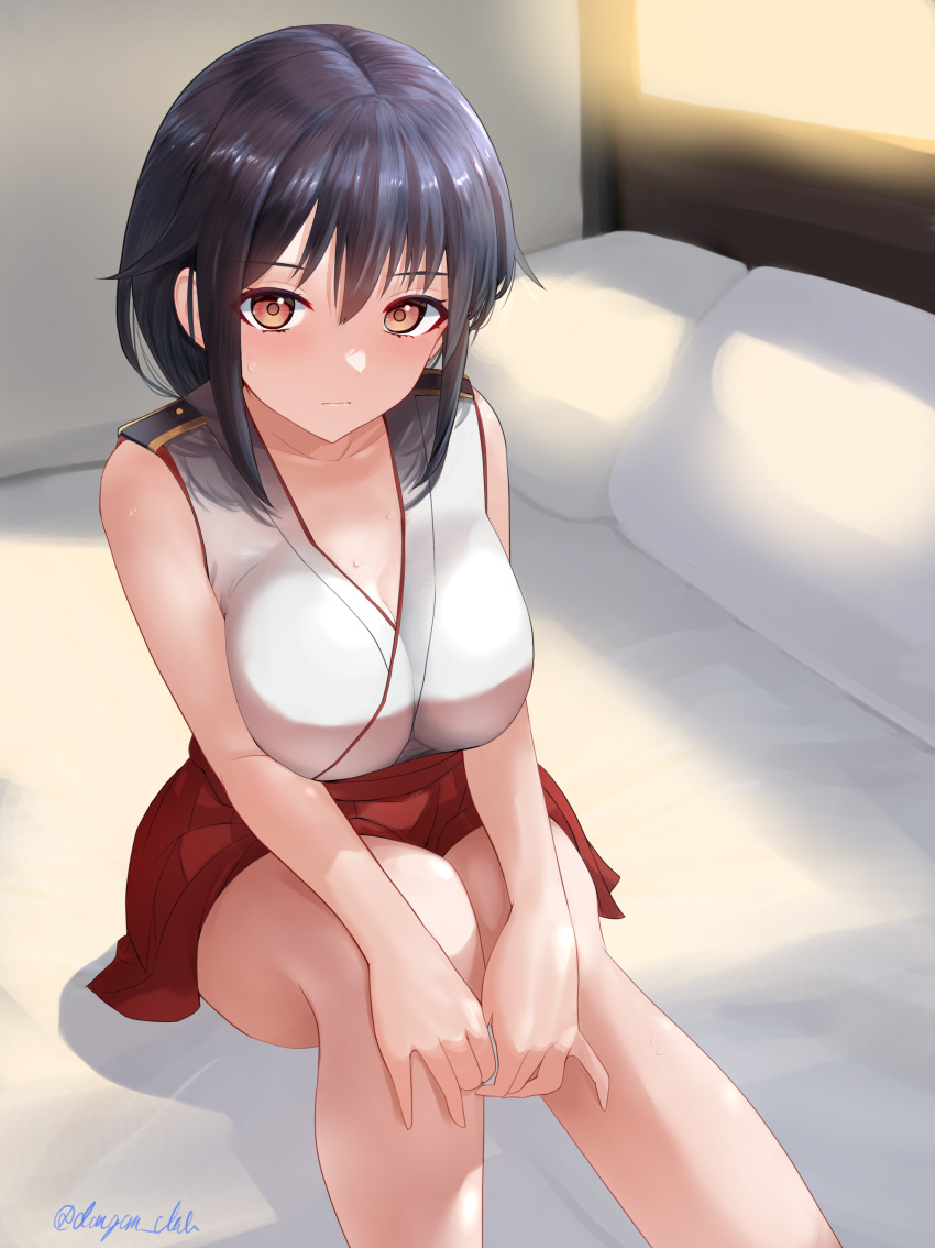 1girl absurdres black_hair breasts cleavage closed_mouth commentary dangan_kurabu hakama hakama_short_skirt hakama_skirt highres japanese_clothes kantai_collection kimono large_breasts looking_at_viewer nontraditional_miko on_bed red_eyes red_hakama short_hair sitting skirt sleeveless sleeveless_kimono solo sweat twitter_username white_kimono yamashiro_(kancolle)