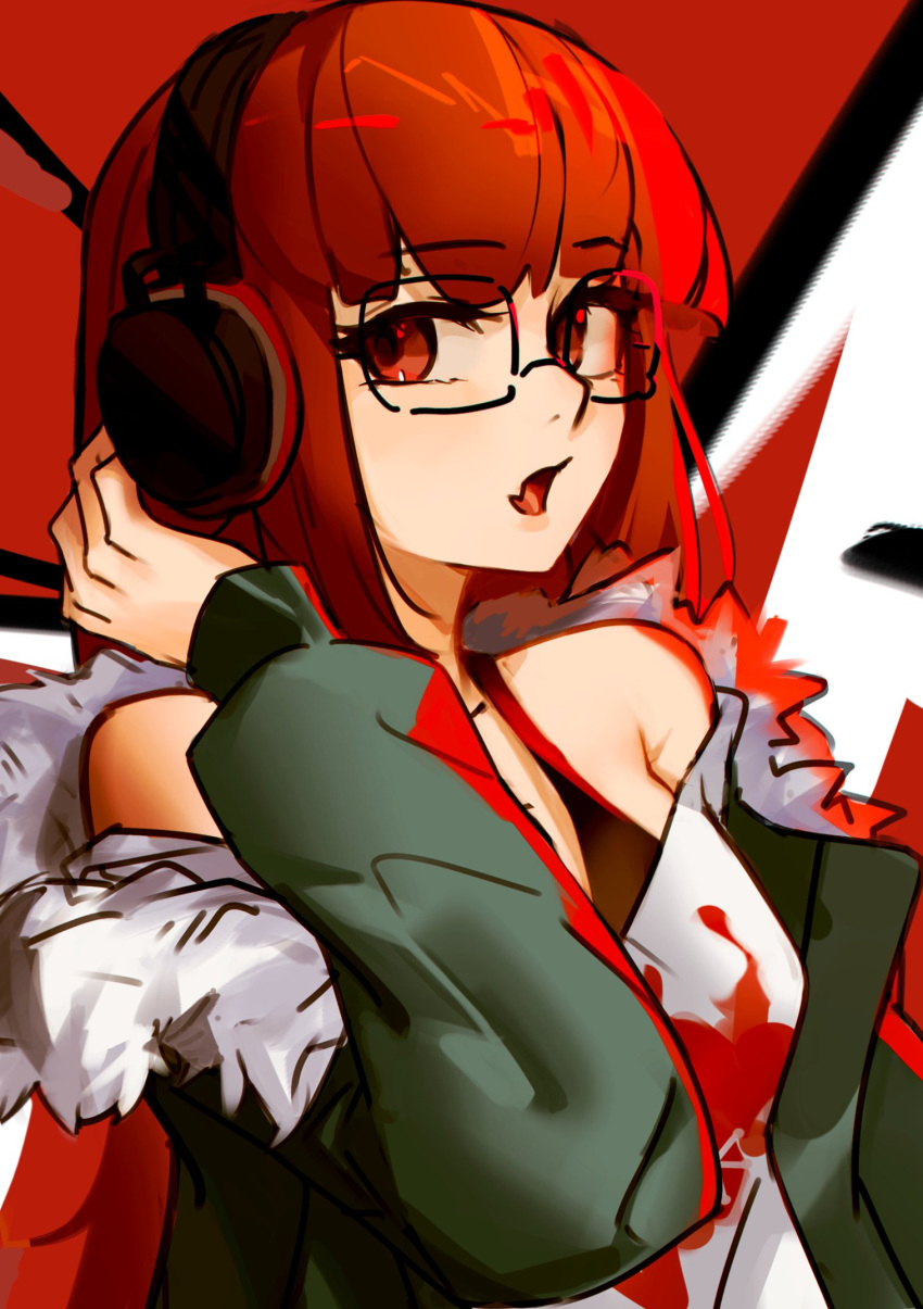 1girl bare_shoulders brown_eyes brown_hair fang glasses green_jacket hand_up headphones highres jacket long_sleeves looking_at_viewer open_clothes open_jacket open_mouth persona persona_5 sakura_futaba shirt skin_fang solo strap_slip upper_body vergil_mon