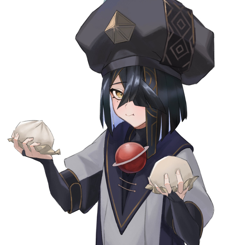 1girl absurdres baozi black_hair chinese_clothes closed_mouth fate/grand_order fate_(series) food grey_headwear hair_over_one_eye highres holding holding_food juliet_sleeves light_blush long_sleeves looking_at_viewer mole mole_under_eye puffy_sleeves short_hair simple_background solo upper_body white_background xu_fu_(fate) yamada_raen