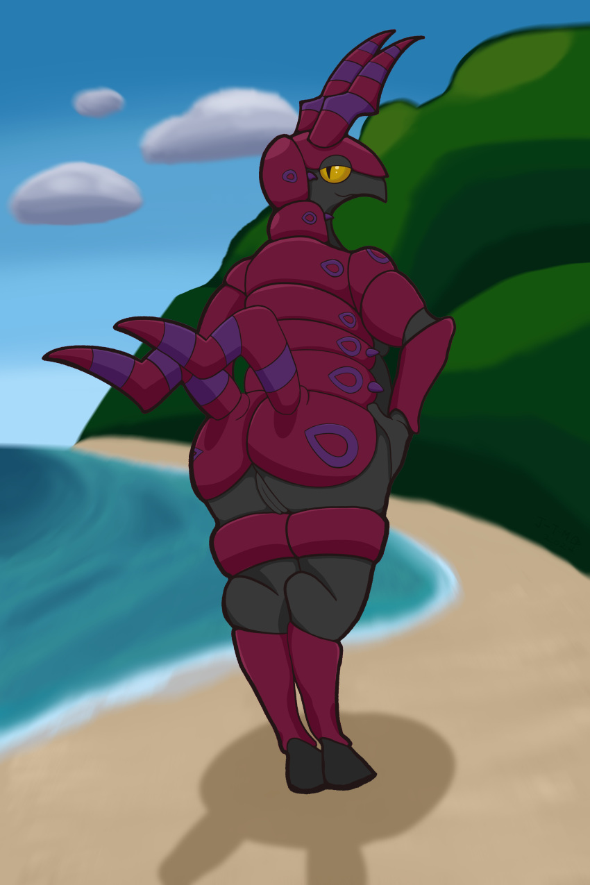 absurd_res anthro beach big_butt butt carapace female generation_5_pokemon genitals hands_on_hips hi_res hooves jacob_the_mistake-ob looking_at_viewer looking_back nintendo pokemon pokemon_(species) pussy scolipede slightly_chubby solo yellow_eyes