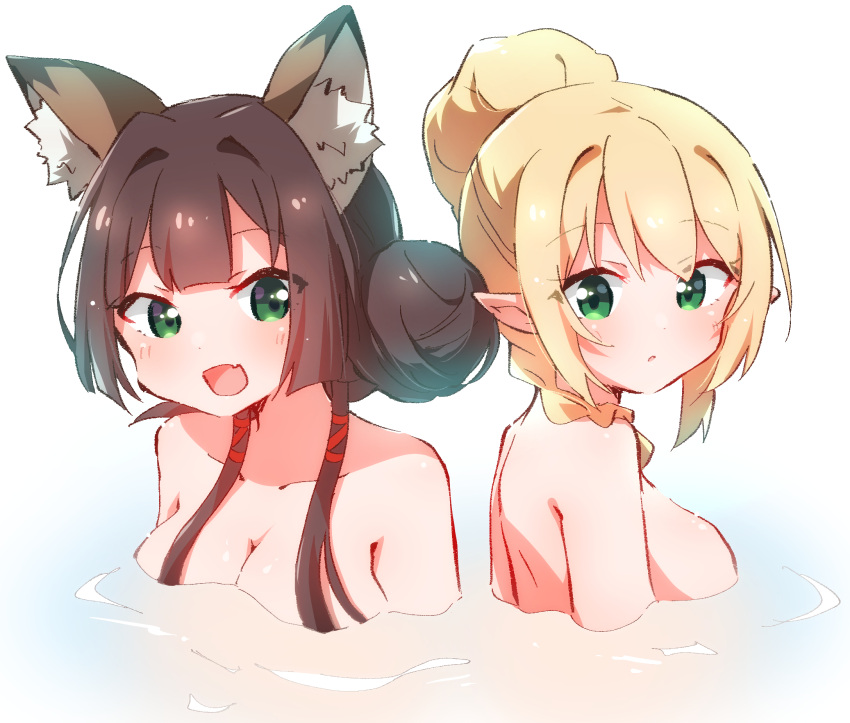 2girls animal_ear_fluff animal_ears black_hair blonde_hair braid breasts cleavage collarbone commentary_request copyright_request green_eyes hair_bun hair_over_shoulder highres long_hair medium_breasts multiple_girls nude nyaa_(nnekoron) parted_lips partially_submerged pointy_ears single_side_bun upper_body white_background