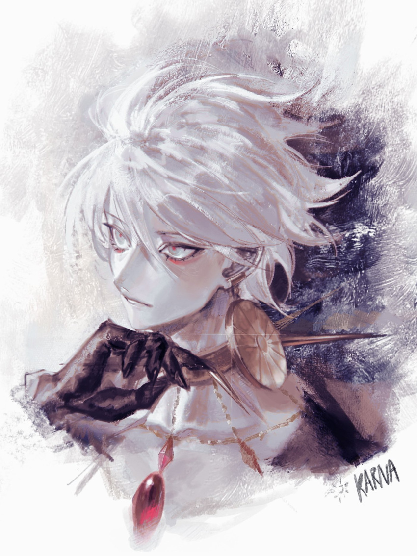 1boy black_gloves collar collarbone earrings eyeshadow fate/grand_order fate_(series) gem gloves gold gold_earrings hand_on_own_face highres jewelry karna_(fate) large_earrings makeup male_focus parted_lips portrait red_eyeshadow red_gemstone red_pupils sailin simple_background spiked_collar spikes white_background white_hair
