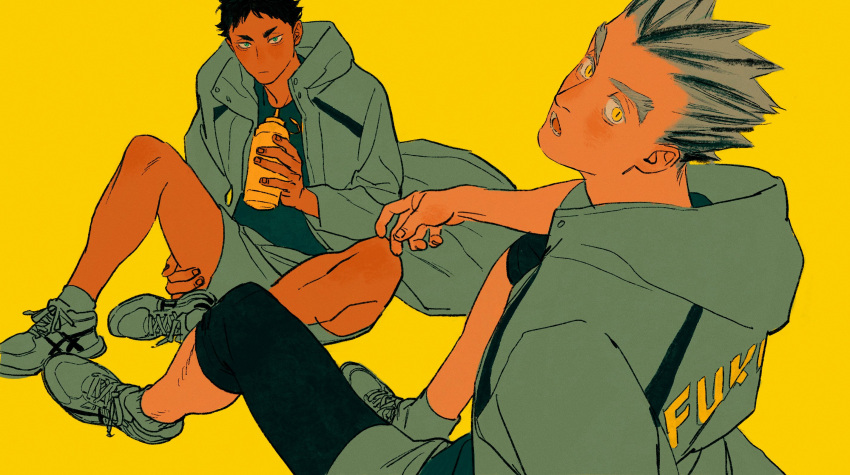 2boys akaashi_keiji black_hair bokuto_koutarou bottle chengongzi123 closed_mouth coat full_body green_coat green_eyes green_shorts grey_hair haikyuu!! highres holding holding_bottle hood hood_down hooded_coat knees_up long_sleeves looking_at_viewer looking_back male_focus multicolored_hair multiple_boys open_mouth shoes short_hair shorts simple_background sitting slit_pupils sneakers streaked_hair thick_eyebrows very_short_hair water_bottle yellow_background yellow_eyes