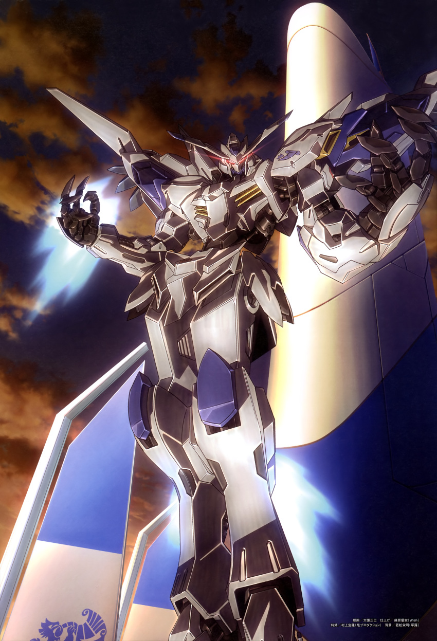 absurdres cloud cloudy_sky evening exhaust eye_trail flying glowing glowing_eyes gundam gundam_bael gundam_tekketsu_no_orphans hands_up highres insignia legs_together light_trail looking_at_viewer mecha mecha_focus mobile_suit no_humans oobari_masami open_hands outdoors red_eyes robot scan science_fiction sky solo v-fin