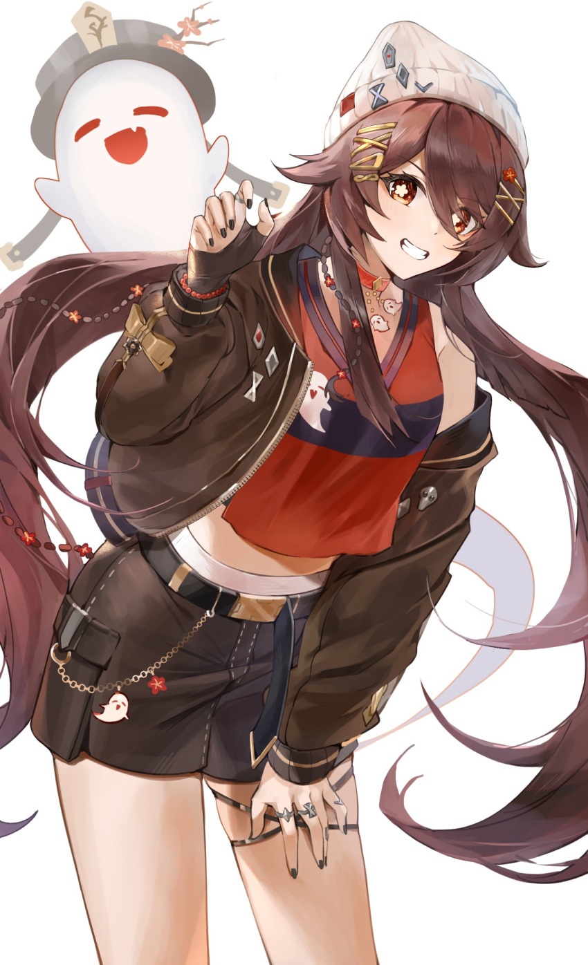 1girl belt black_belt black_gloves black_jacket black_shorts boo_tao_(genshin_impact) brown_hair choker commentary cowboy_shot crop_top fingerless_gloves genshin_impact gloves grin gyoju_(only_arme_nim) hair_ornament hairclip hashtag_only_commentary highres hu_tao_(genshin_impact) jacket knit_hat long_sleeves looking_at_viewer midriff open_clothes open_jacket red_choker red_shirt shirt shorts simple_background single_bare_shoulder smile solo standing thighs white_background white_headwear