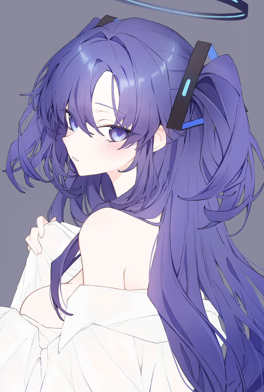 1girl blue_archive blush breasts collared_shirt grey_background hair_between_eyes halo highres hk_nnm large_breasts long_hair looking_at_viewer mechanical_halo open_mouth purple_eyes purple_hair shirt simple_background solo two_side_up upper_body white_shirt yuuka_(blue_archive)