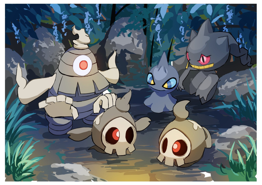 banette black_eyes black_sclera blue_sclera colored_sclera dusclops duskull english_commentary evolutionary_line floating ghost ghost_tail grass hazikamiio highres horns nature one-eyed outdoors pokemon red_eyes red_sclera rock shuppet single_horn trait_connection yellow_pupils