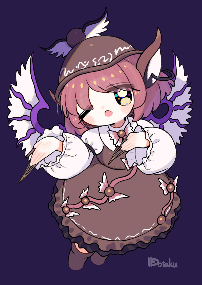 1girl animal_ears bird_ears bird_wings brown_dress brown_headwear brown_nails brown_socks collared_shirt dotaku_(wran8845) dress fingernails frilled_dress frills full_body hat highres kneehighs long_fingernails long_sleeves looking_at_viewer mystia_lorelei nail_polish one_eye_closed open_mouth pink_hair purple_background sharp_fingernails shirt short_hair signature simple_background sleeve_garter socks solo touhou very_long_fingernails white_shirt white_wings winged_hat wings yellow_eyes