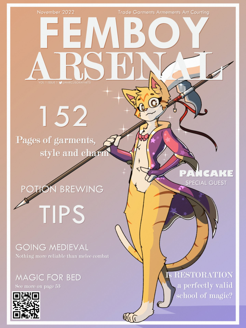 2022 3:4 4_fingers anthro bow_tie cape clothing cover digitigrade domestic_cat felid feline felis fingers fur girly halberd hi_res holding_object holding_weapon inner_ear_fluff magazine_cover male mammal marcus_gray melee_weapon polearm qr_code solo sparkles stripes tail tuft weapon yellow_body yellow_eyes yellow_fur
