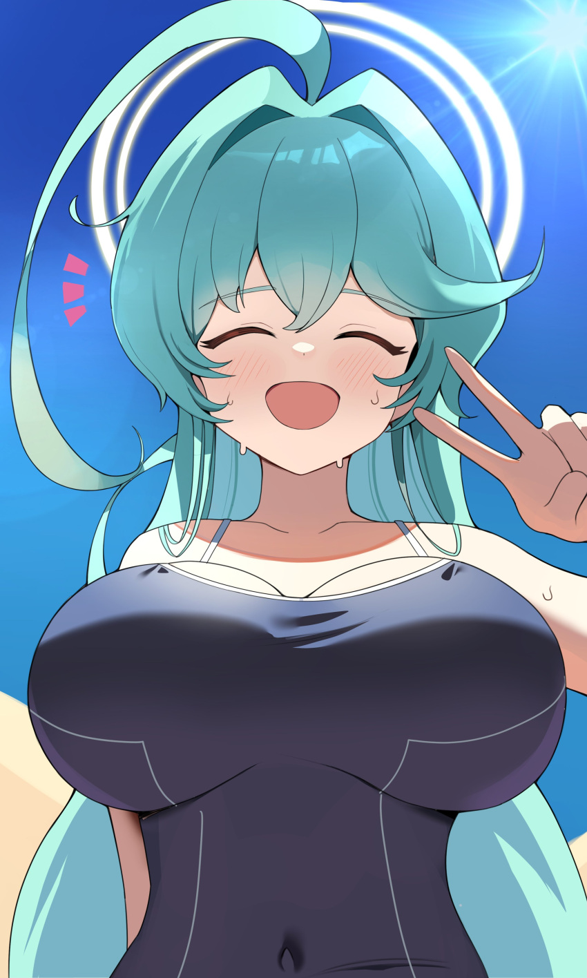 absurdres abydos_high_school_swimsuit ahoge aqua_hair black_one-piece_swimsuit blue_archive blush breasts dalgam12 green_hair halo highres huge_ahoge large_breasts official_alternate_costume one-piece_swimsuit pov sun sun_glare sweat swimsuit upper_body v yume_(blue_archive)