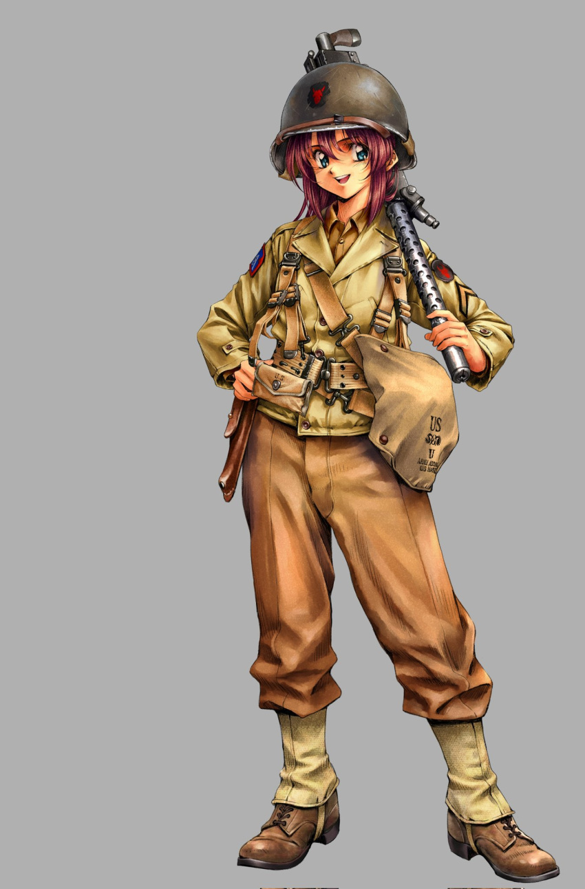 1990s_(style) 1girl 34th_infantry_division blue_eyes brown_pants browning_m1919 combat_helmet grey_background gun helmet highres jacket longmei_er_de_tuzi looking_at_viewer machine_gun military_uniform original pants purple_hair retro_artstyle smile solo uniform unit_patch united_states_army weapon yellow_jacket