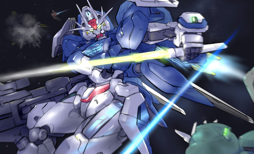 absurdres battle beam_rifle beam_saber commentary duel energy_gun energy_sword exhaust explosion glowing glowing_eyes gun gundam gundam_aerial_rebuild gundam_lfrith_ur gundam_suisei_no_majo highres holding holding_gun holding_sword holding_weapon looking_at_viewer mecha mobile_suit ni~tsu_kashi no_humans robot smoke space sword thrusters v-fin weapon yellow_eyes