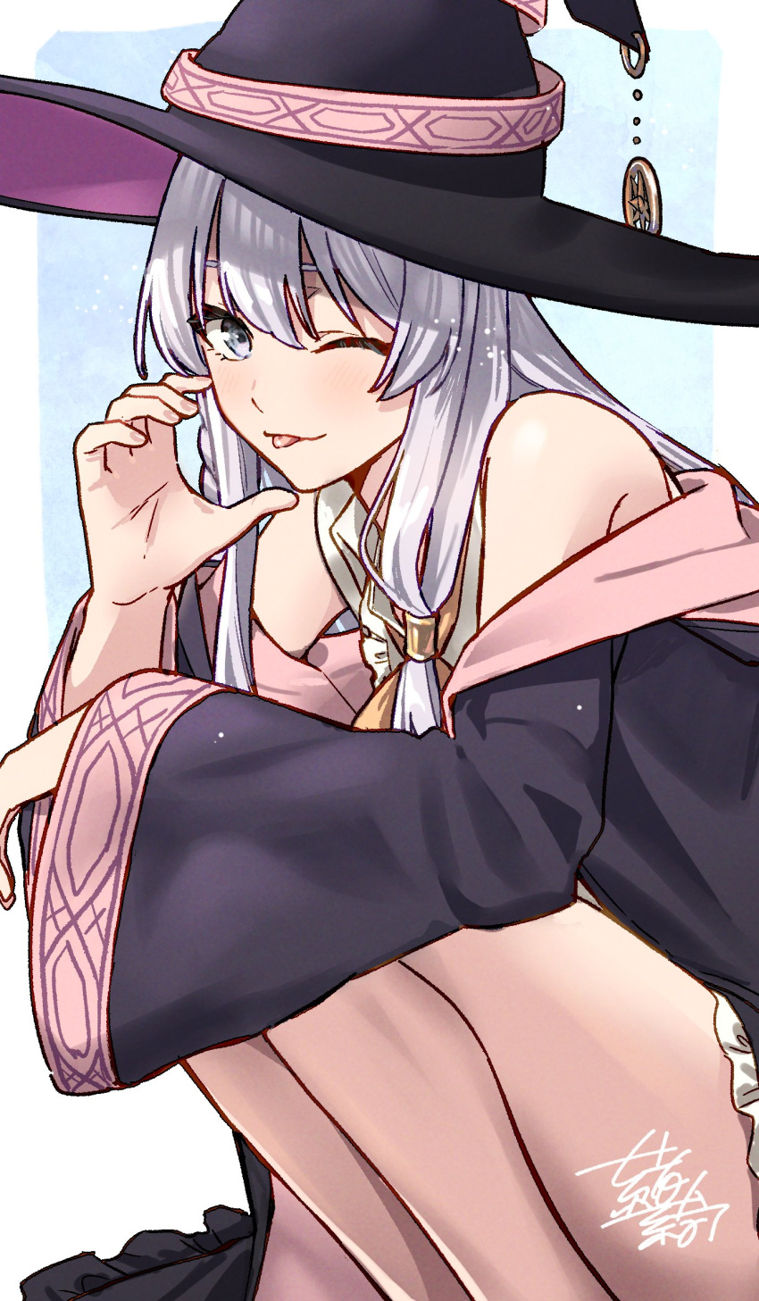 1girl absurdres bare_legs bird black_skirt dated elaina_(majo_no_tabitabi) grey_hair hand_gesture hat hat_ribbon highres knees_to_chest legs long_hair looking_at_viewer looking_to_the_side majo_no_tabitabi neck_ribbon nigatsumikka one_eye_closed open_clothes open_robe purple_eyes ribbon robe shirt signature skirt sleeveless sleeveless_shirt smile solo thighs tongue tongue_out wide_sleeves witch_hat yellow_ribbon