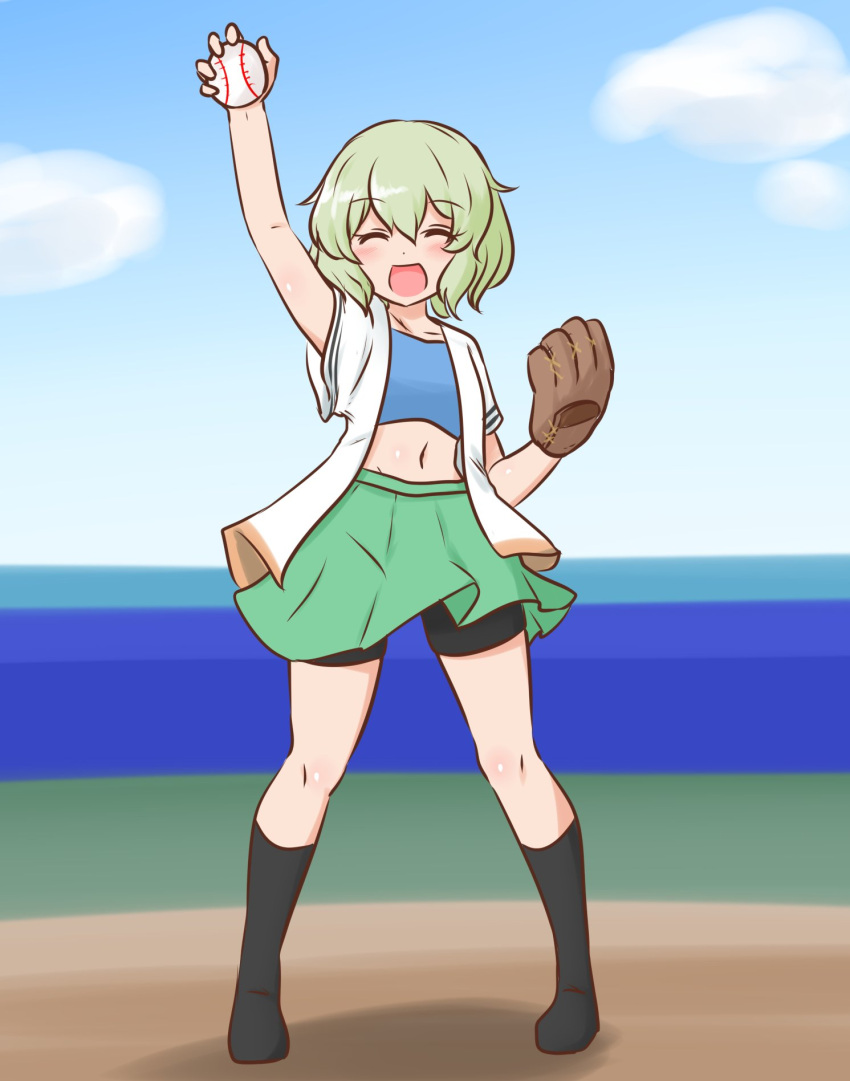 1girl :d alternate_costume baseball baseball_mitt black_footwear black_shorts blue_sky brown_gloves closed_eyes commentary_request commission facing_viewer full_body gloves green_hair green_skirt hair_flaps highres komeiji_koishi mizusoba open_mouth outdoors short_hair shorts single_glove skeb_commission skirt sky smile solo standing touhou vest white_vest