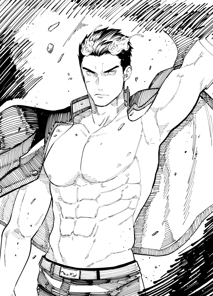 1boy abs absurdres alternate_pectoral_size arm_up bara bare_pectorals cowboy_shot cross_scar fiery_horns forked_eyebrows gakuran greyscale hair_slicked_back hatching_(texture) highres horns itaru_(kidomh63) linear_hatching looking_at_viewer male_focus monochrome muscular muscular_male navel nipples no_shirt pectorals sakimori_toji scar scar_on_cheek scar_on_face school_uniform solo standing stomach thick_eyebrows tokyo_afterschool_summoners