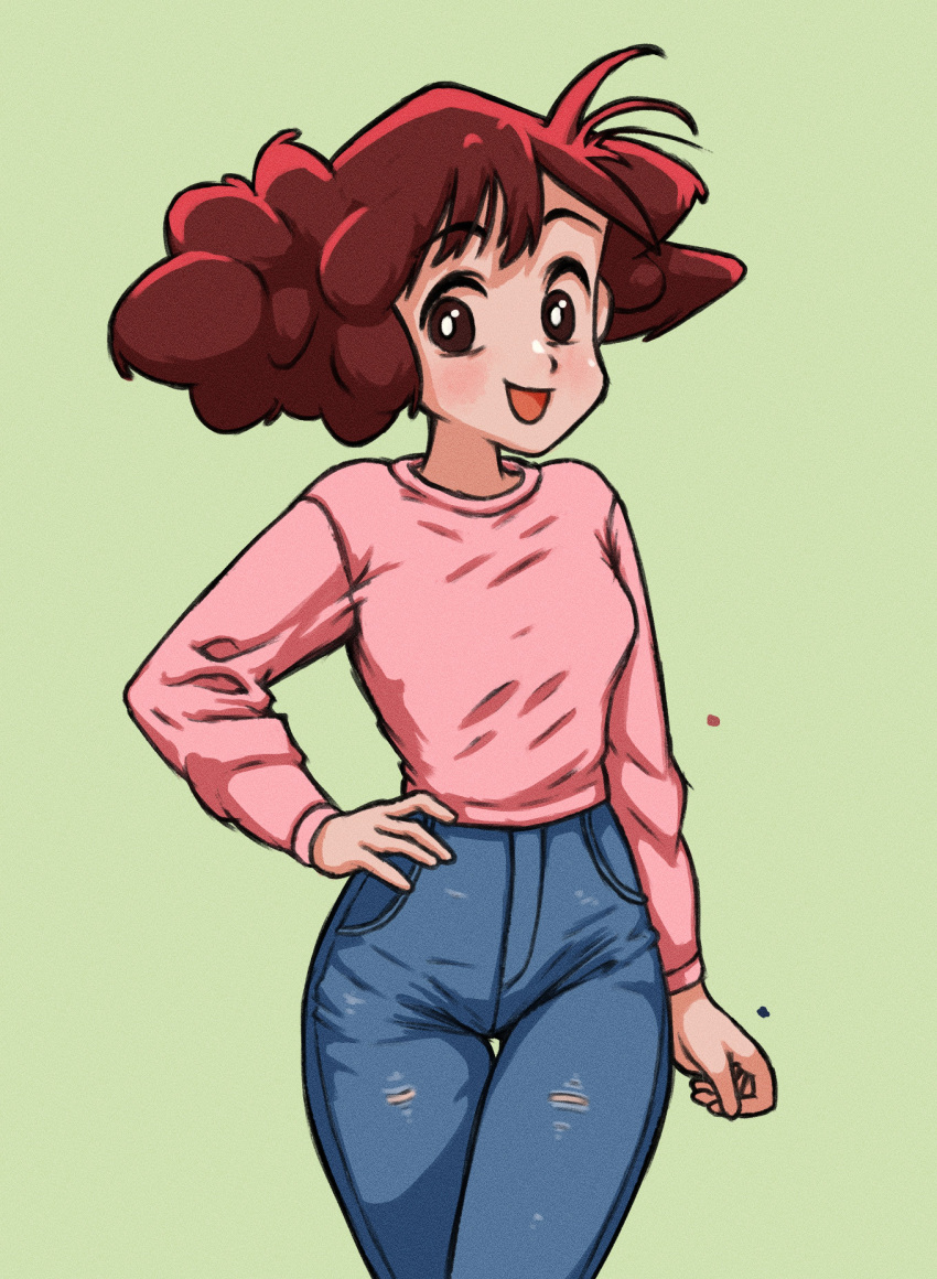 1girl absurdres beachepisode blush commentary cowboy_shot crayon_shin-chan denim english_commentary green_background hand_on_own_hip highres jeans long_sleeves nohara_misae open_mouth pants red_hair simple_background smile solo