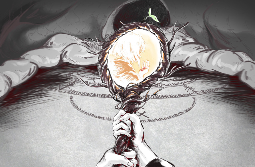 1girl ambrosia_(dungeon_meshi) banzhan059 berry dead_animal dragon dungeon_meshi falin_thorden fingernails highres holding holding_staff magic_circle marcille_donato monochrome out_of_frame portal_(object) pov pov_hands remembering roots short_hair spoilers spot_color sprout staff