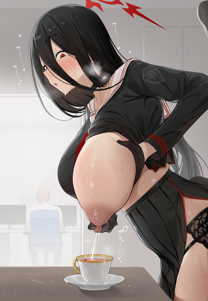 1boy 1girl absurdres amondo black_gloves black_hair black_serafuku black_skirt black_tea black_wings blue_archive blush breasts cup gloves halo hasumi_(blue_archive) highres huge_breasts lactating_into_container lactation long_hair long_sleeves nipples parted_lips pleated_skirt red_eyes red_halo sailor_collar school_uniform serafuku skirt solo_focus tea very_long_hair white_sailor_collar wings