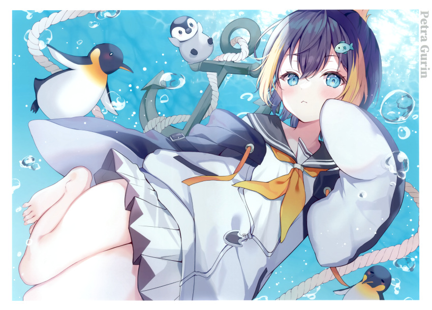 1girl :&lt; absurdres air_bubble anchor bare_legs barefoot bird black_hair blonde_hair blue_eyes blush border bubble character_name emperor_penguin fish_hair_ornament hair_ornament highres hood hoodie long_sleeves looking_at_viewer moeko_(moeko0903) multicolored_hair neckerchief nijisanji nijisanji_en non-web_source orange_hair penguin petra_gurin petra_gurin_(1st_costume) pleated_skirt rope sailor_collar school_uniform short_hair skirt sleeves_past_fingers sleeves_past_wrists solo streaked_hair thighs two-tone_hair two-tone_hoodie underwater virtual_youtuber white_border white_skirt