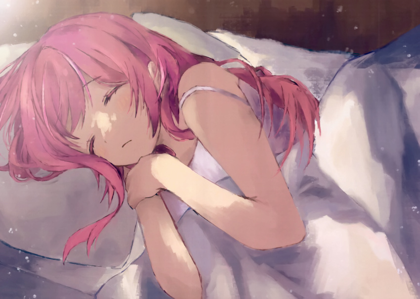 1girl absurdres amagase_muyu bare_shoulders bed blanket blush closed_eyes closed_mouth hair_down highres light_particles long_hair lying nijisanji non-web_source nyankumo on_bed on_side pillow pink_hair sleeping sleeveless solo strap_slip under_covers upper_body