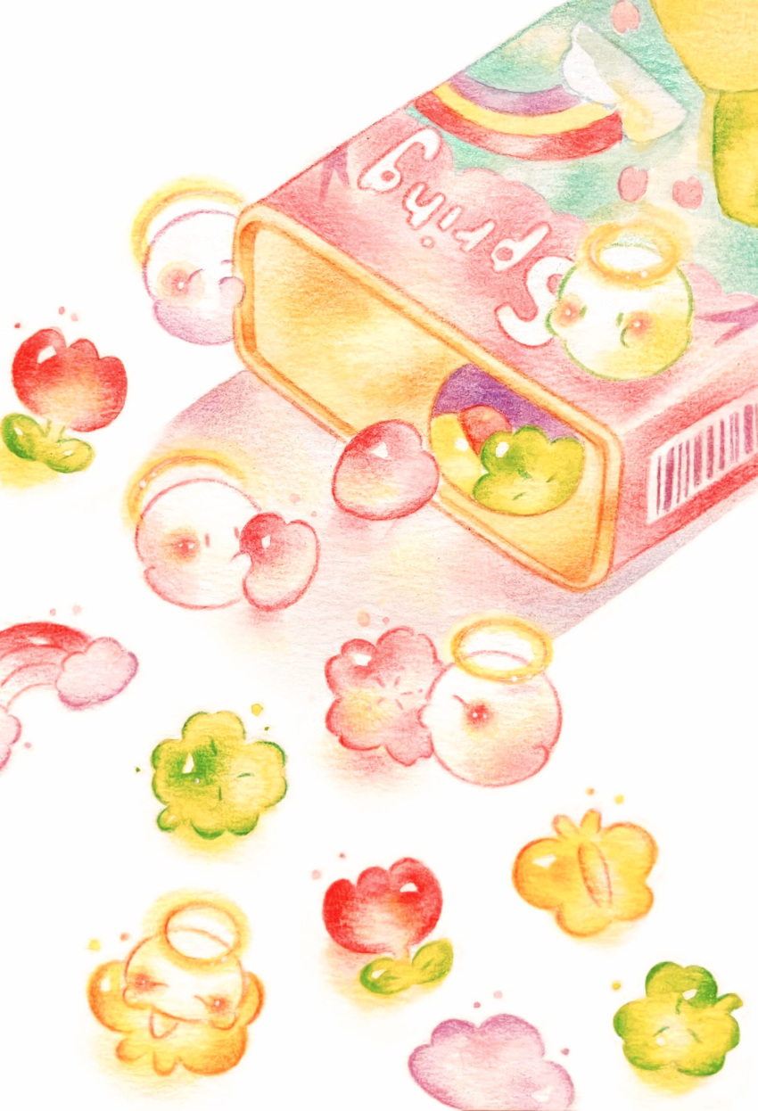 absurdres barcode blush box bug butterfly candy cloud clover colored_pencil_(medium) commentary_request flower food food_focus ghost halo heart highres holding holding_candy holding_food no_humans original rainbow simple_background traditional_media white_background yukichi_0611