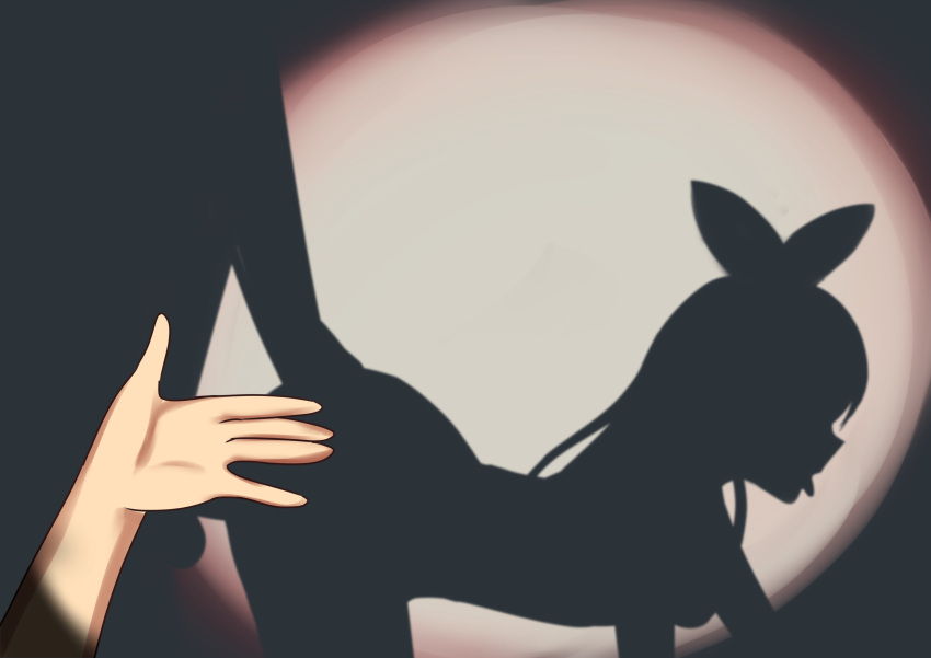 1boy 1girl absurdres different_shadow doggystyle english_commentary fox_shadow_puppet from_side hair_ribbon highres hololive_shadow_puppet_(meme) long_hair meme nijisanji nijisanji_en pomu_rainpuff pov pov_hands ribbon sex silhouette spotlight tongue tongue_out virtual_youtuber xanadu_avici