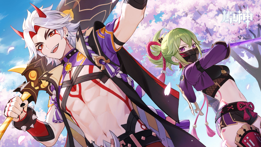 1boy 1girl abs absurdres arataki_itto black_mask club_(weapon) commentary_request cropped_jacket facial_mark fangs fishnet_top fishnets full-body_tattoo genshin_impact grey_hair hair_ornament highres holding holding_sword holding_weapon horns jacket kuki_shinobu mask midriff mouth_mask navel ninja_mask official_art oni oni_horns open_clothes ponytail purple_eyes red_eyes short_shorts shorts smile sword tattoo teeth thighhighs tokki upper_teeth_only weapon white_hair