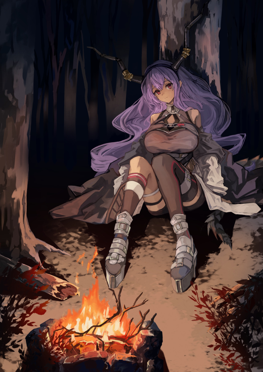 1girl absurdres arknights black_hairband black_horns black_shirt boots breasts campfire coat fake_horns hairband highres horn_hairband horns large_breasts long_hair off_shoulder open_clothes open_coat platform_boots platform_footwear purple_hair rensyu_low shirt single_thighhigh sitting sleeveless sleeveless_shirt thighhighs typhon_(arknights) white_coat
