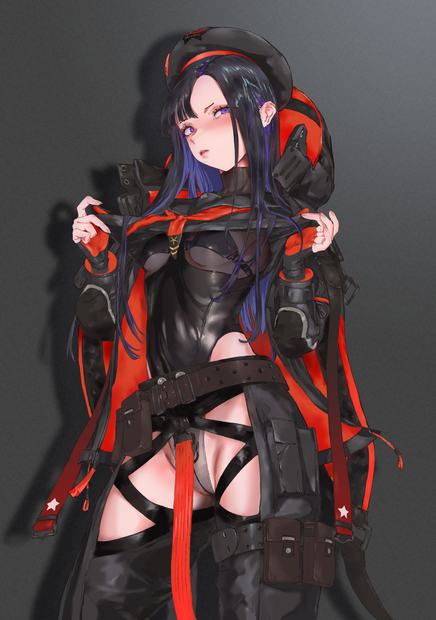 1girl absurdres beret bikini black_bikini black_hair blush breasts cloak commentary_request covered_navel elazale eunhwa_(nikke) fingerless_gloves gloves goddess_of_victory:_nikke groin hat highres hood hooded_cloak leotard long_hair looking_at_viewer multicolored_hair purple_eyes purple_hair see-through solo swimsuit two-tone_hair variant_set