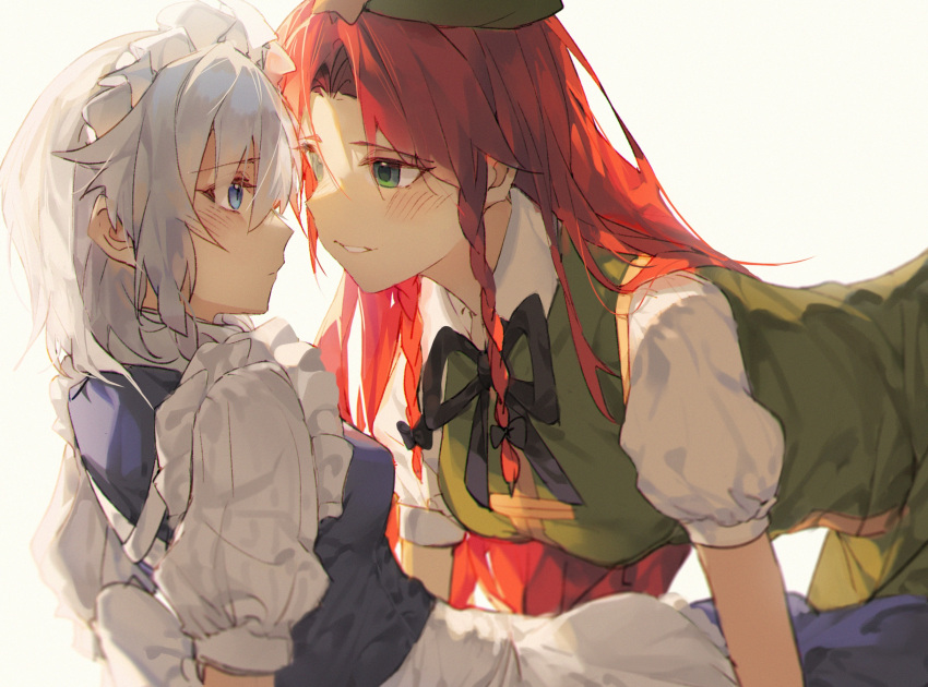 2girls apron bangs beret black_ribbon blue_eyes blue_skirt blue_vest blush braid china_dress chinese_clothes closed_mouth commentary_request dress face-to-face frills green_dress green_eyes grey_hair grin hat highres hong_meiling izayoi_sakuya liangyilin long_hair looking_at_another maid_headdress medium_hair multiple_girls puffy_short_sleeves puffy_sleeves red_hair ribbon shirt short_sleeves simple_background skirt smile touhou twin_braids vest white_apron white_background white_shirt yuri