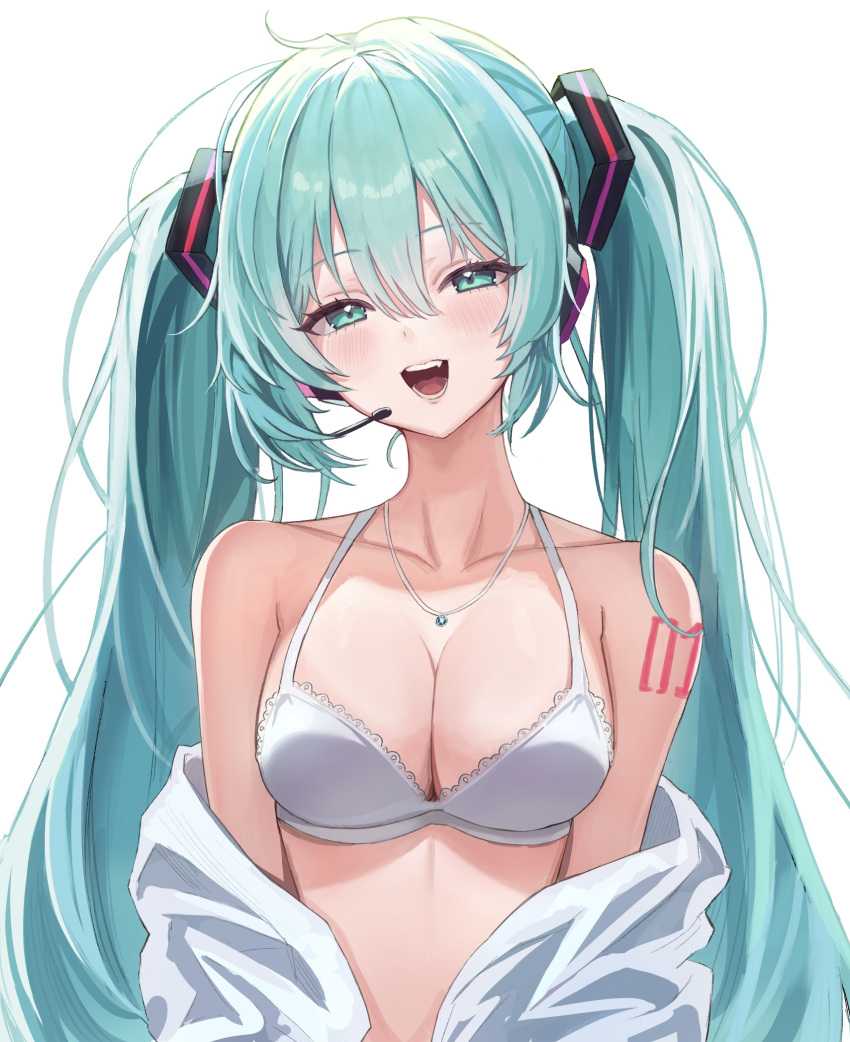 1girl aqua_eyes aqua_hair arm_tattoo bare_shoulders blush bra breasts collarbone commentary elpuchi gem glint green_gemstone hair_between_eyes hair_ornament hatsune_miku headphones headset highres jewelry lace-trimmed_bra lace_trim large_breasts long_hair looking_at_viewer microphone necklace number_tattoo off_shoulder open_clothes open_shirt shirt simple_background smile solo tattoo teeth twintails underwear unkempt upper_body very_long_hair vocaloid white_background white_bra white_shirt
