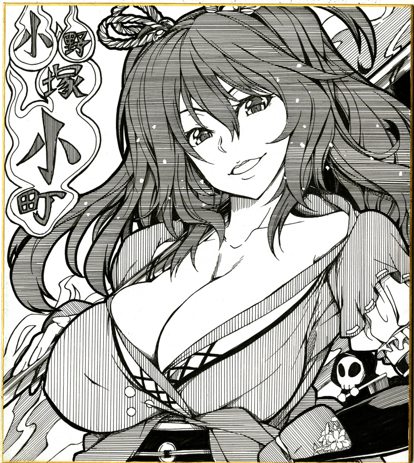 1girl 1other bangs breasts character_name cleavage death_(entity) greyscale grim_reaper hair_between_eyes highres holding holding_scythe ishida_kazuma large_breasts looking_at_viewer medium_hair monochrome onozuka_komachi scythe shikishi short_sleeves smile teeth touhou traditional_media two_side_up upper_teeth_only