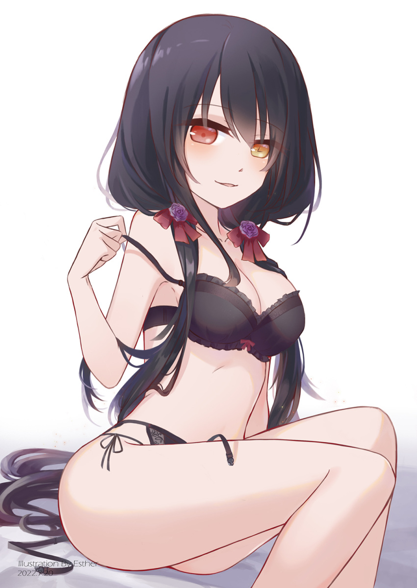 1girl black_bra black_garter_belt black_hair blush bra breasts cleavage clock clock_eyes date_a_live dated esther_0418 garter_belt heterochromia highres long_hair looking_at_viewer low_twintails open_mouth photoshop_(medium) red_eyes roman_numeral sitting smile solo strap symbol-shaped_pupils tokisaki_kurumi twintails underwear yellow_eyes