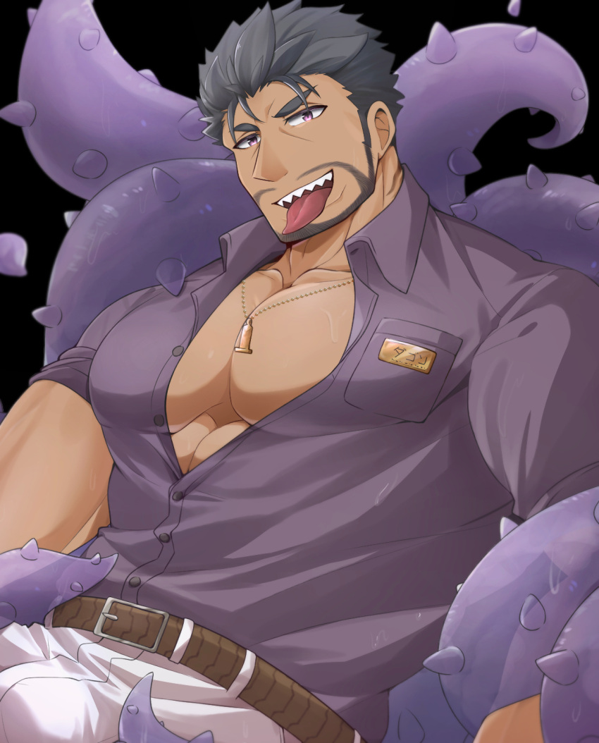 1boy alternate_facial_hair bara beard bulge cowboy_shot dagon_(housamo) dark-skinned_male dark_skin facial_hair fins fish_boy full_beard highres large_pectorals looking_at_viewer male_focus mature_male muscular muscular_male pectoral_cleavage pectorals seductive_smile short_hair smile solo tentacles tokyo_afterschool_summoners yu062424