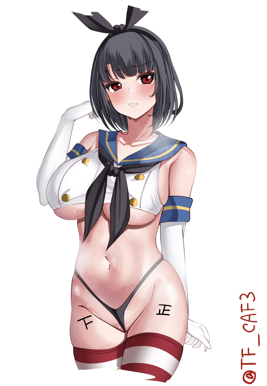 1girl absurdres alternate_costume blush body_writing breasts buttons commentary_request cosplay cowboy_shot crop_top double-breasted elbow_gloves gloves highres kantai_collection large_breasts one-hour_drawing_challenge red_eyes shimakaze_(kancolle) shimakaze_(kancolle)_(cosplay) short_hair solo steaming_body striped_clothes striped_thighhighs takao_(kancolle) tf_cafe thighhighs thong twitter_username underboob white_gloves