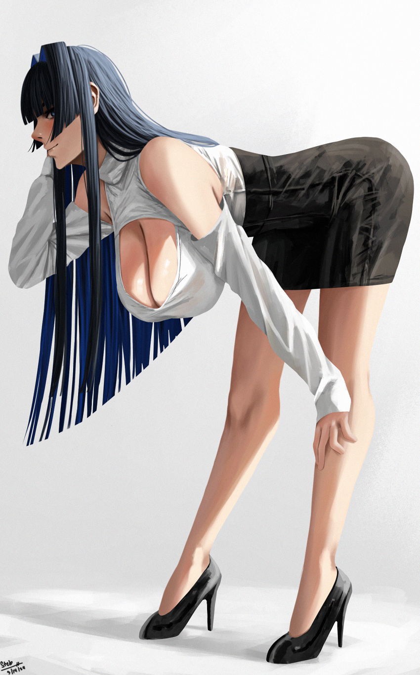 1girl alternate_costume bent_over black_footwear black_hair black_skirt blue_eyes blue_hair breasts cleavage_cutout closed_mouth clothing_cutout colored_inner_hair commentary dated english_commentary from_side full_body grey_background hair_intakes hand_on_own_knee hanging_breasts high-waist_skirt high_heels highres holocouncil hololive hololive_english large_breasts light_blush long_hair long_sleeves multicolored_hair ouro_kronii profile pumps shadow shirt shirt_tucked_in shoulder_cutout sideways_glance signature simple_background skirt sleeves_past_wrists smile solo standing steb turtleneck_shirt two-tone_hair very_long_hair virtual_youtuber white_shirt