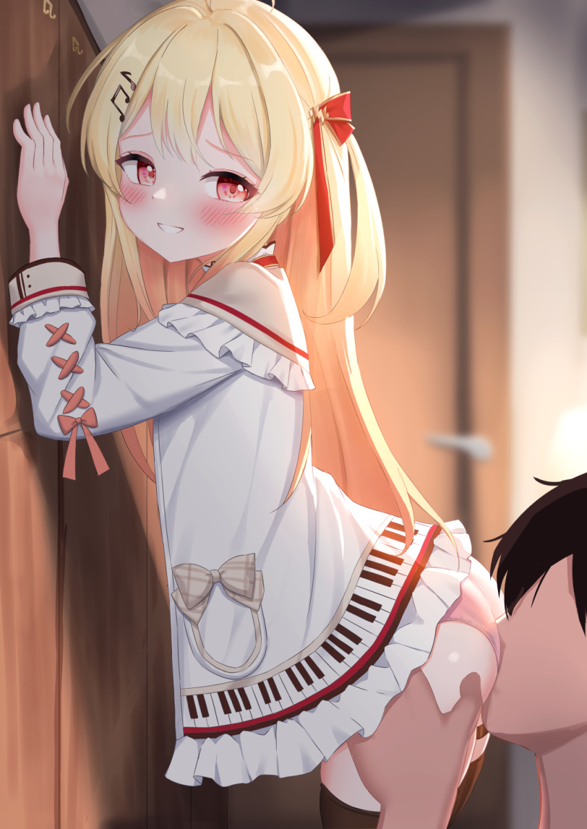 1boy 1girl against_wall ahoge ass ass_grab blonde_hair blush bow face_in_ass hair_ornament highres hololive jacket kissing_ass long_hair long_sleeves looking_back musical_note musical_note_hair_ornament one_side_up otonose_kanade panties piano_keys piano_print pink_panties plaid plaid_bow red_eyes red_ribbon ribbon ribbon_trim smile thighhighs underwear virtual_youtuber white_clover_(unfy8472) white_jacket
