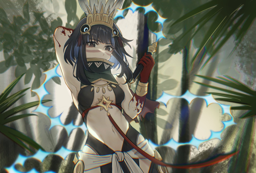 aztec black_hair blood blood_on_hands blue_hair breasts facial_mark fate/grand_order fate_(series) feather_hair_ornament feathers hair_ornament highres huitzilopochtli_(fate) small_breasts tlaloc_(fate)