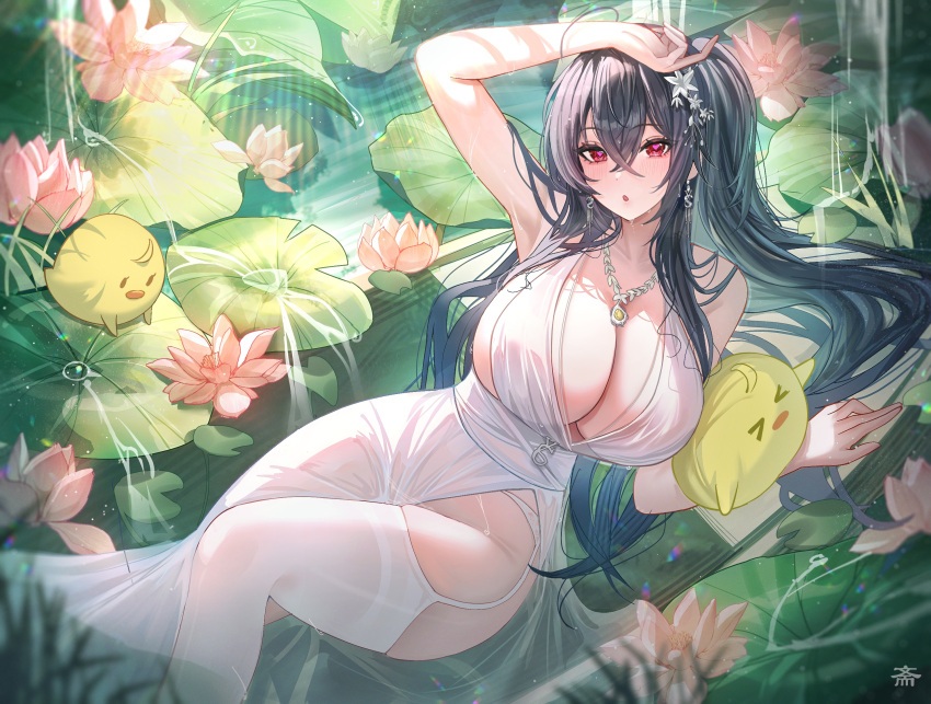 &gt;_&lt; 1girl :o arm_up armpits azur_lane bare_arms bare_shoulders black_hair blush breasts cleavage crossed_bangs dress earrings flower hair_between_eyes hair_ornament heart heart-shaped_pupils highres jewelry large_breasts long_hair manjuu_(azur_lane) necklace official_alternate_costume open_mouth outdoors red_eyes symbol-shaped_pupils taihou_(azur_lane) taihou_(temptation_on_the_sea_breeze)_(azur_lane) tansuan_(ensj3875) thighhighs thighs water white_dress white_thighhighs