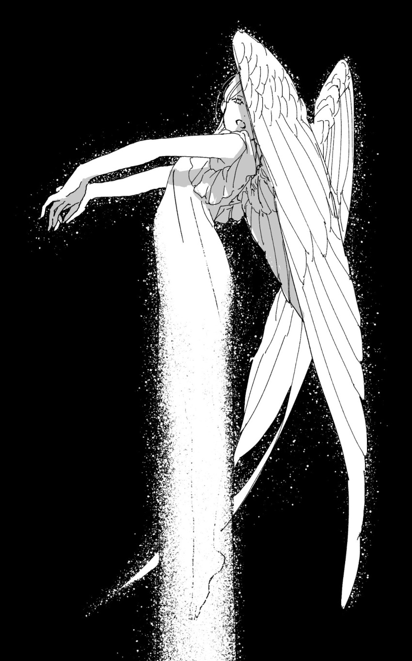 1girl apricot_tarte arched_back bare_arms bare_shoulders barefoot dress feathered_wings flying from_side glowing greyscale highres light_particles looking_at_viewer monochrome one_eye_covered open_mouth original outstretched_arms simple_background sketch solo wings