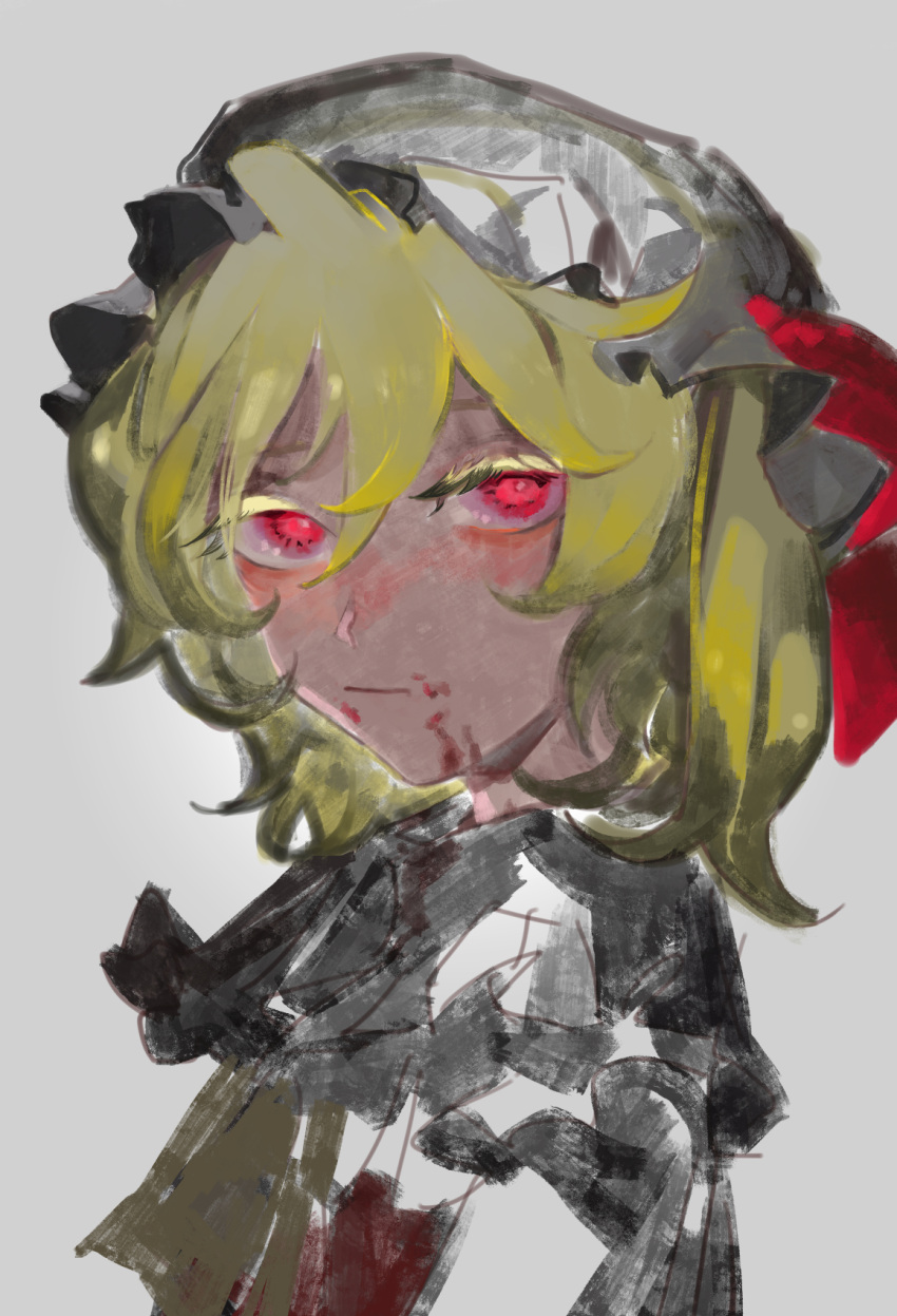 1girl ascot blood blood_on_face bow curly_hair expressionless eyelashes flandre_scarlet frilled_headwear frilled_sleeves frills hair_between_eyes half-closed_eyes hat highres looking_at_viewer mob_cap puffy_short_sleeves puffy_sleeves red_bow red_eyes short_hair short_sleeves simple_background solo touhou ue_toono_(atano) white_background white_headwear